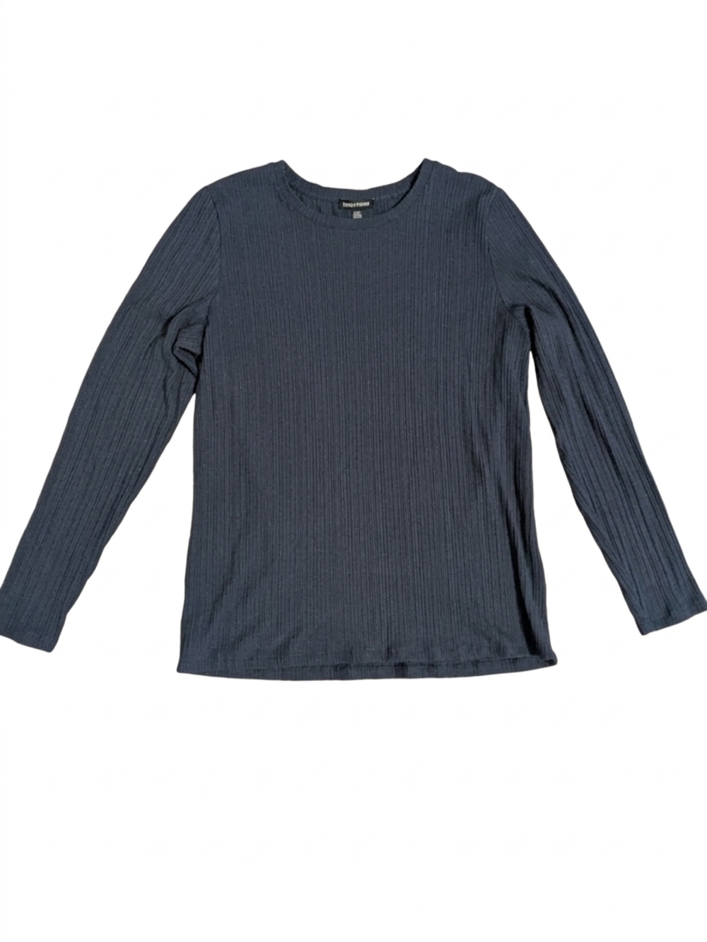 Eileen Fisher Navy Blue Ribbed Knit Long Sleeve Crew Neck Top L Minimalist Chic